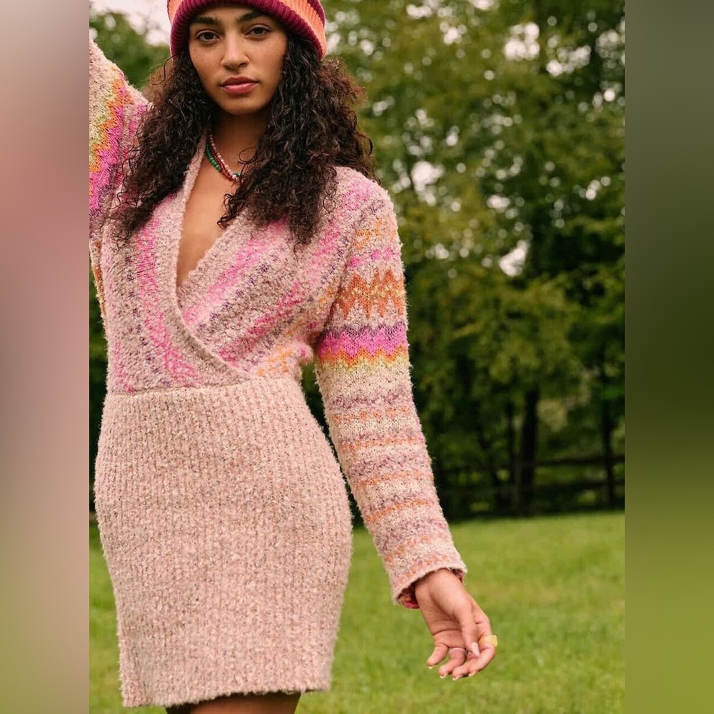 Free People Pink and Cream V-Neck Sweater Dress